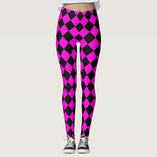 Pink Black Checker Diamond Pattern  Leggings (Front)