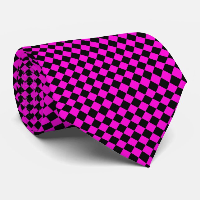 Pink Black Checker Diamond Pattern Neck Tie (Rolled)