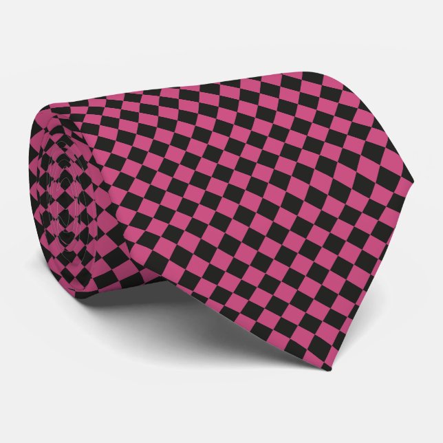 Pink Black Checker Diamond Pattern Neck Tie (Rolled)