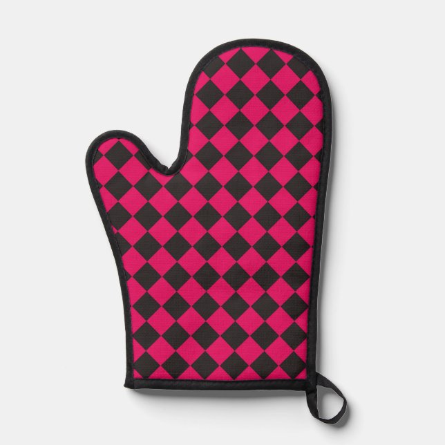 Pink Black Checker Diamond Pattern Oven Mitt (Front)