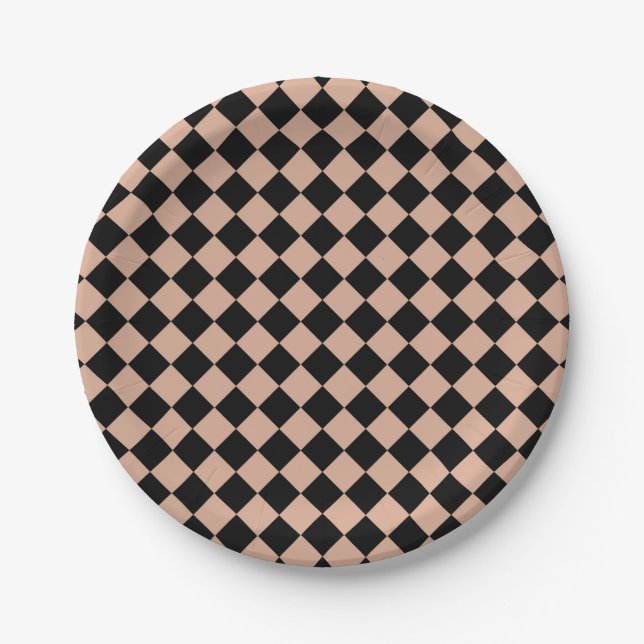 Pink Black Checker Diamond Pattern Paper Plates (Front)