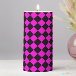 Pink Black Checker Diamond Pattern Pillar Candle