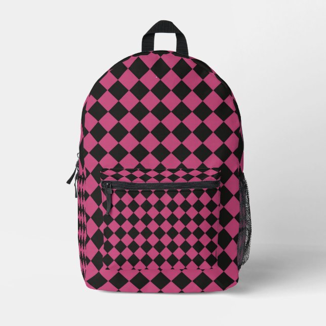 Pink Black Checker Diamond Pattern Printed Backpack (Front)