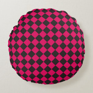 Pink Black Checker Diamond Pattern Round Pillow