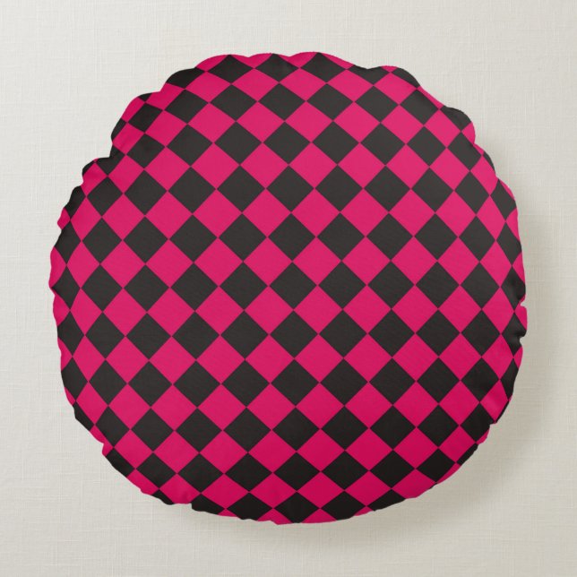 Pink Black Checker Diamond Pattern  Round Pillow (Front)