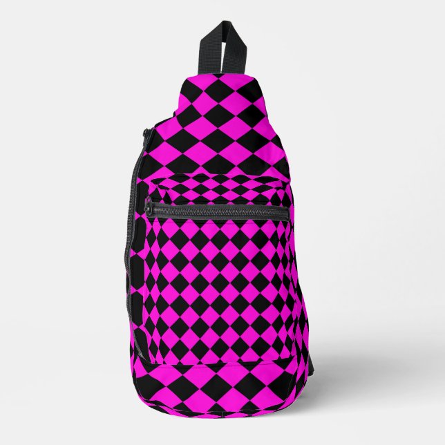 Pink Black Checker Diamond Pattern Sling Bag (Front)