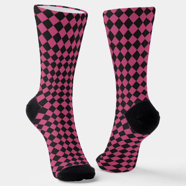 Pink Black Checker Diamond Pattern Socks (Angled)