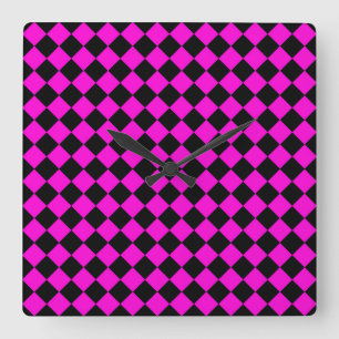 Pink Black Checker Diamond Pattern Square Wall Clock