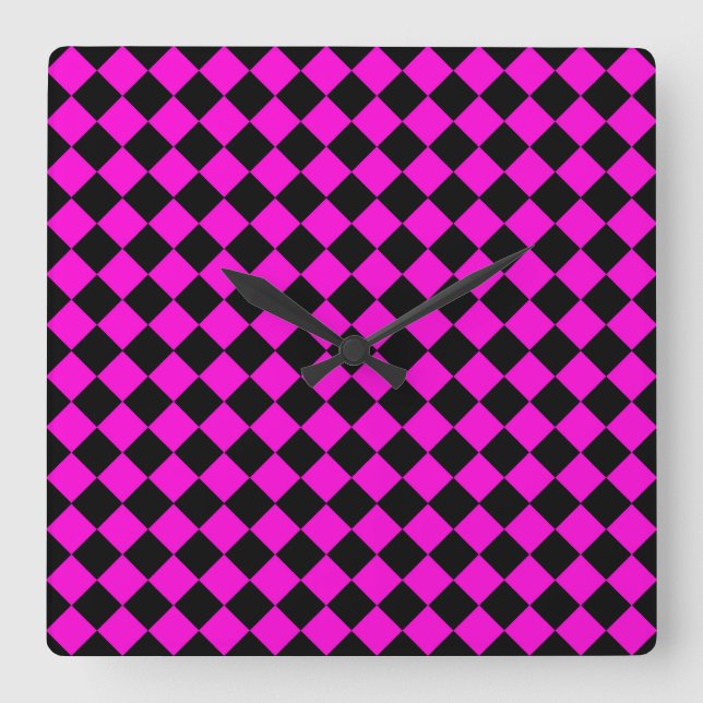 Pink Black Checker Diamond Pattern Square Wall Clock (Front)