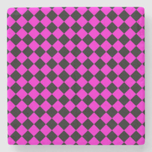 Pink Black Checker Diamond Pattern Stone Coaster