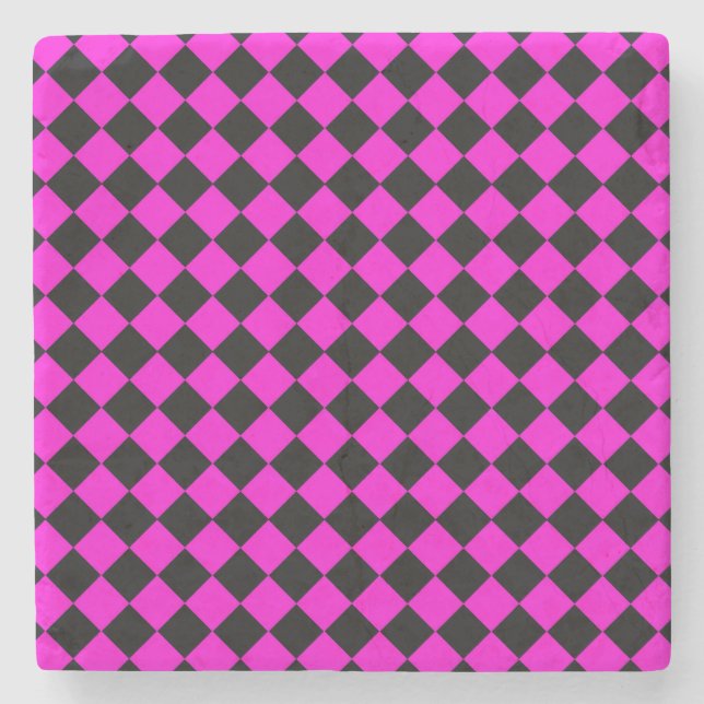 Pink Black Checker Diamond Pattern Stone Coaster (Front)