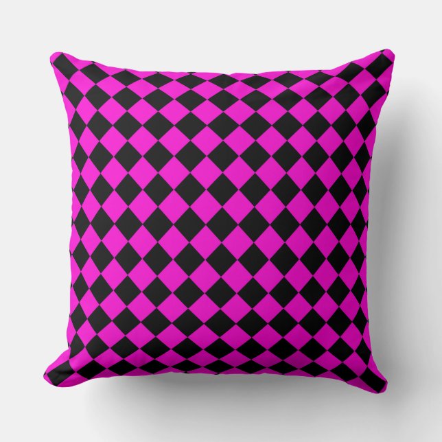Pink Black Checker Diamond Pattern Throw Pillow (Front)