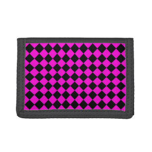 Pink Black Checker Diamond Pattern Tri-fold Wallet