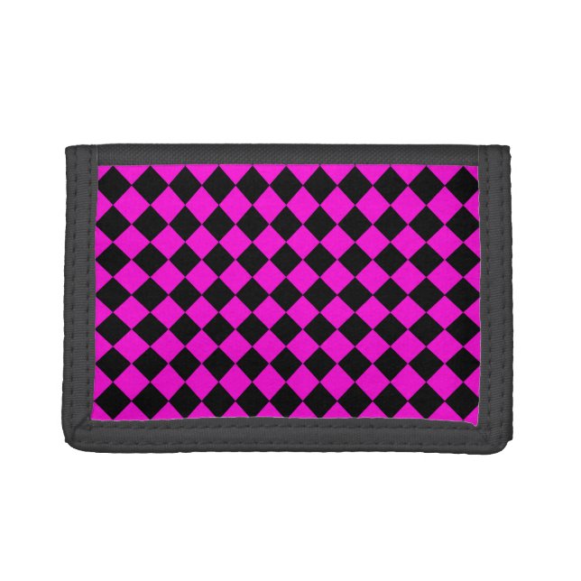 Pink Black Checker Diamond Pattern Tri-fold Wallet (Front)