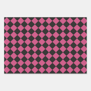 Pink Black Checker Diamond Pattern Wrapping Paper Sheets