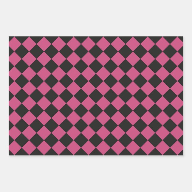 Pink Black Checker Diamond Pattern Wrapping Paper Sheets (Front)