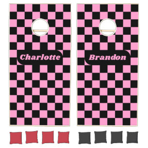 Pink & Black Checker with Names Cornhole Set