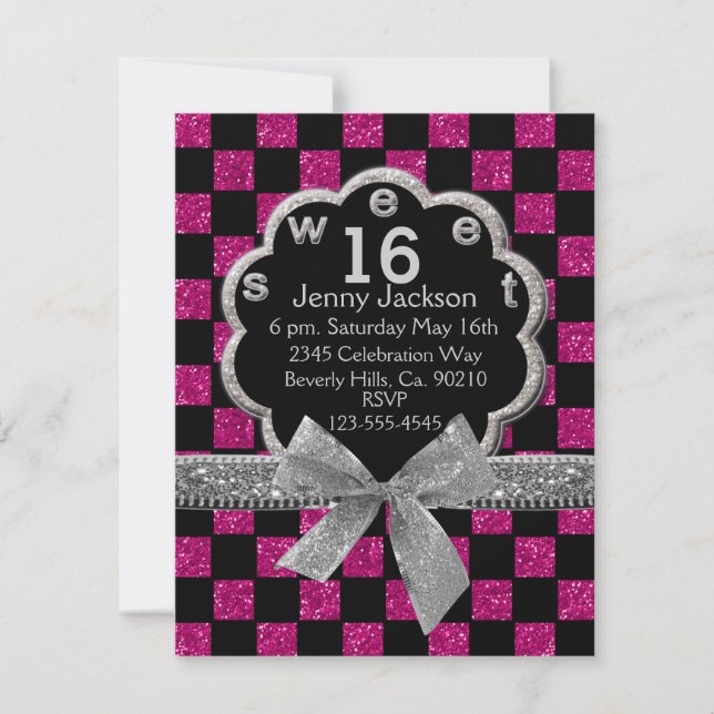 Pink & Black Checkerboard Glitter Sweet 16 Invitation (Front)