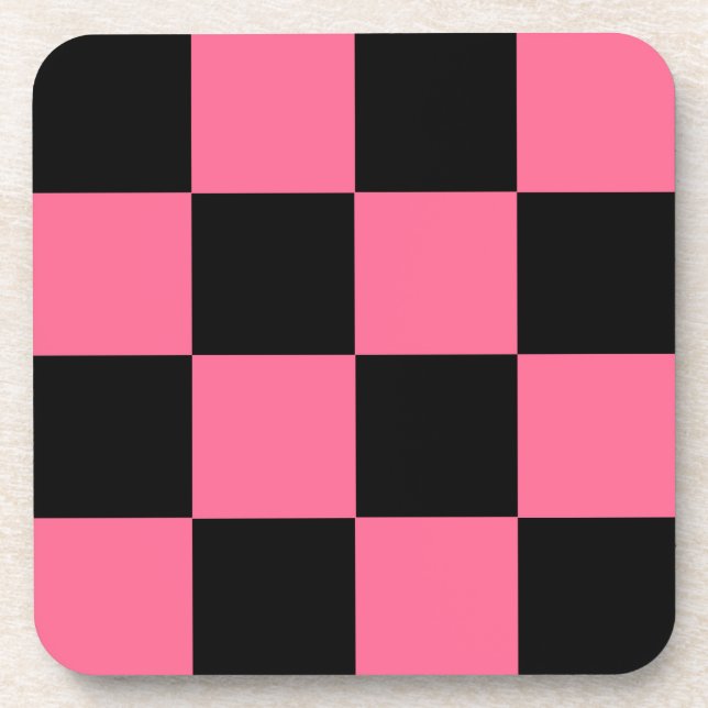 Pink Black Checkered Check Pattern Beverage Coaster (Front)