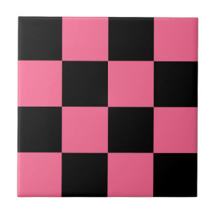 Pink Black Checkered Check Pattern Ceramic Tile