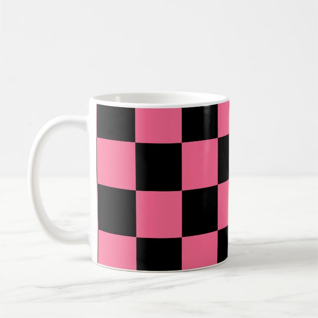 Pink Black Checkered Check Pattern Coffee Mug (Left)