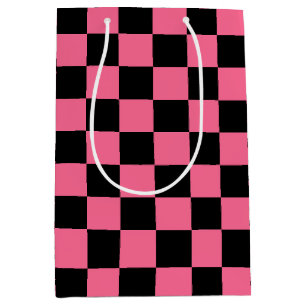 Pink Black Checkered Check Pattern Medium Gift Bag