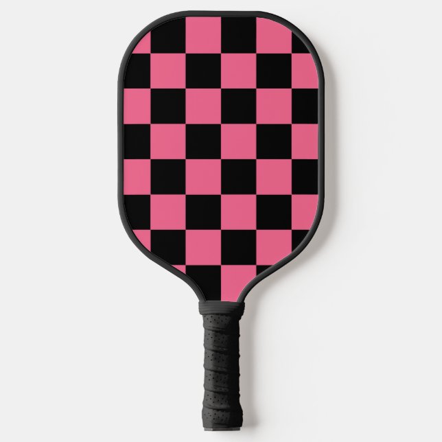 Pink Black Checkered Check Pattern Pickleball Paddle (Front)