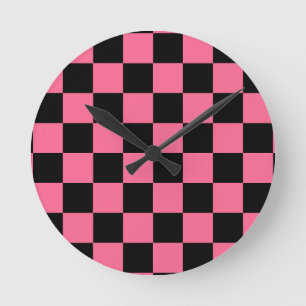 Pink Black Checkered Check Pattern Round Clock
