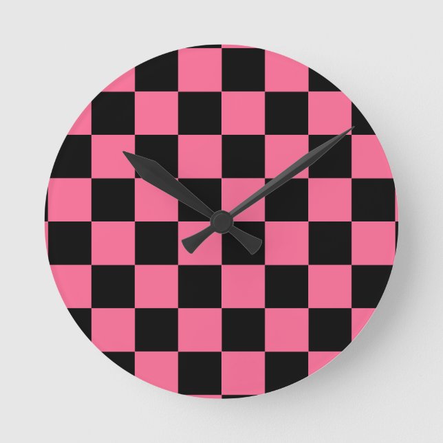 Pink Black Checkered Check Pattern Round Clock (Front)