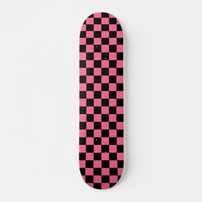 Pink Black Checkered Check Pattern Skateboard (Front)