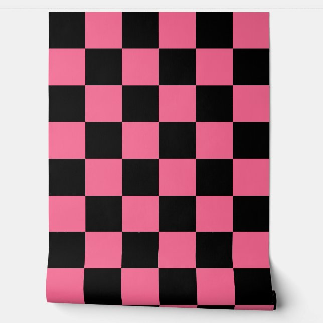 Pink Black Checkered Check Wall Decor Wallpaper (Unrolling)