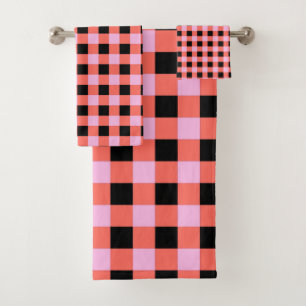 Pink Black Checkered Gingham Pattern Bath Towel Set