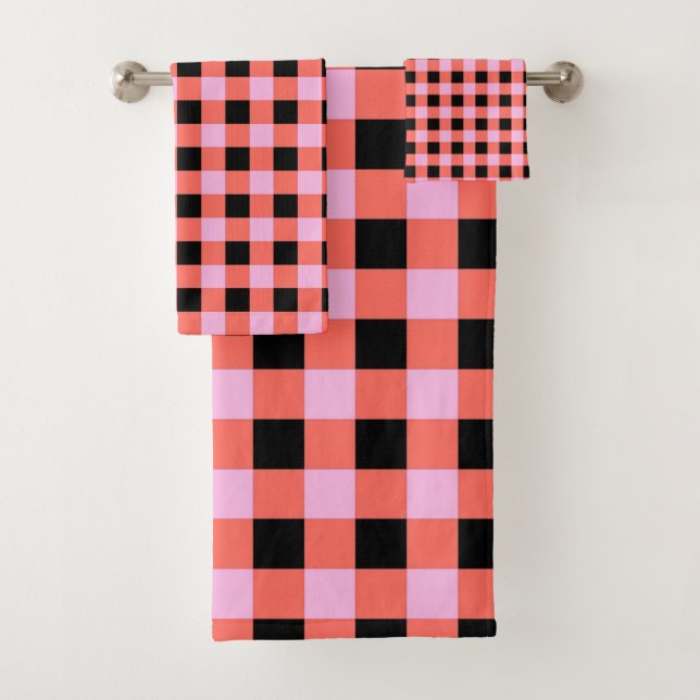 Pink Black Checkered Gingham Pattern Bath Towel Set (Insitu)
