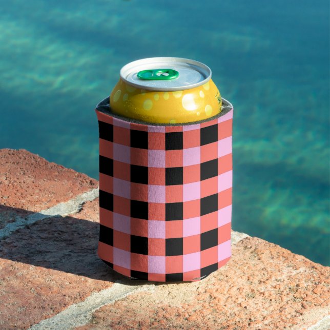 Pink Black Checkered Gingham Pattern Can Cooler (In Situ Pool)