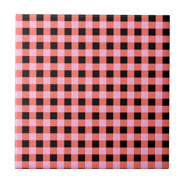 Pink Black Checkered Gingham Pattern Ceramic Tile (Front)