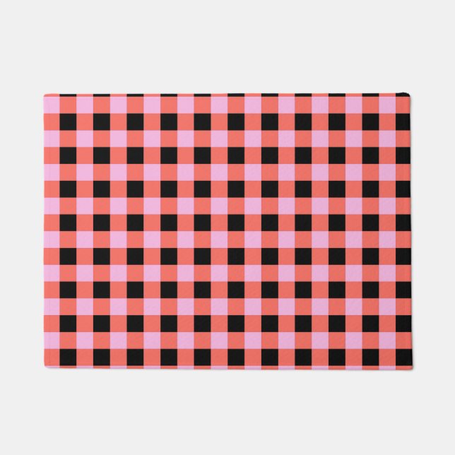 Pink Black Checkered Gingham Pattern Doormat (Front)