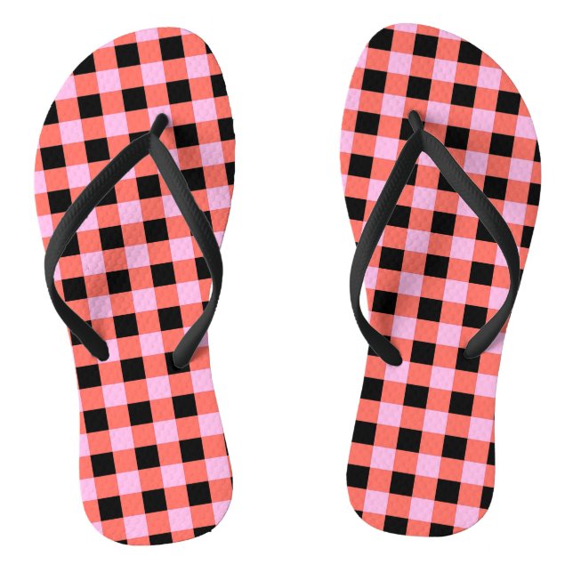 Pink Black Checkered Gingham Pattern Flip Flops (Footbed)