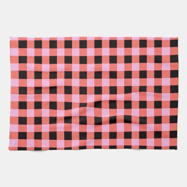 Pink Black Checkered Gingham Pattern Kitchen Towel (Horizontal)