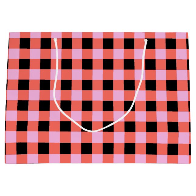 Pink Black Checkered Gingham Pattern Large Gift Bag (Front)