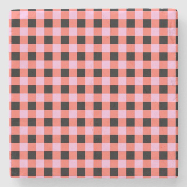 Pink Black Checkered Gingham Pattern Stone Coaster (Front)