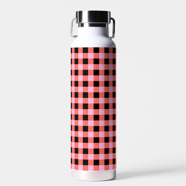 Pink Black Checkered Gingham Pattern Water Bottle (Front)