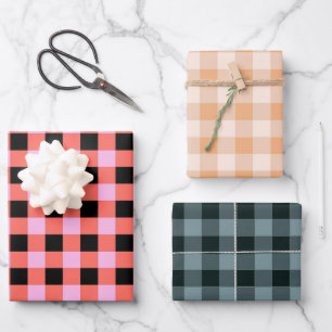 Pink Black Checkered Gingham Pattern Wrapping Paper Sheets