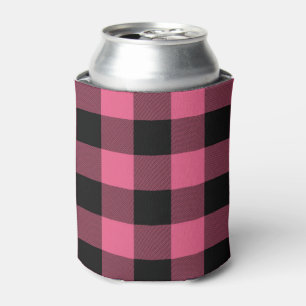 Pink & Black Checkered Squares Buffalo Plaid Can Cooler