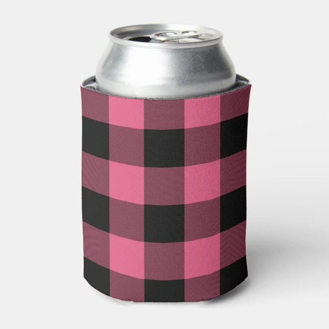 Pink & Black Checkered Squares Buffalo Plaid Can Cooler (Can Front)