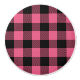 Pink & Black Checkered Squares Buffalo Plaid Ceramic Knob