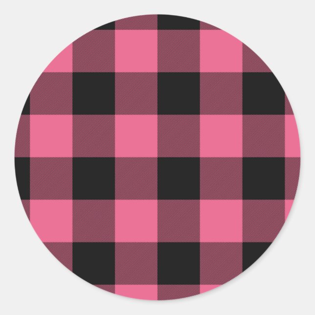 Pink & Black Checkered Squares Buffalo Plaid Classic Round Sticker (Front)