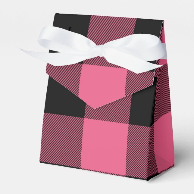 Pink & Black Checkered Squares Buffalo Plaid Favor Boxes (Front Side)