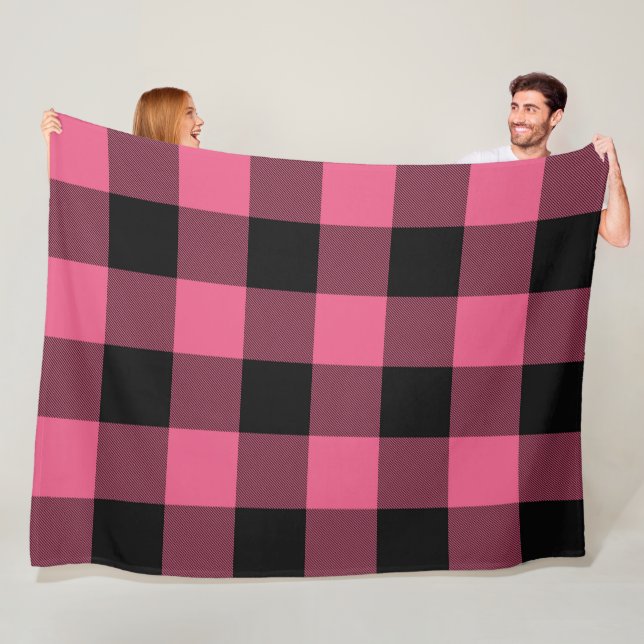 Pink & Black Checkered Squares Buffalo Plaid Fleece Blanket (In Situ)