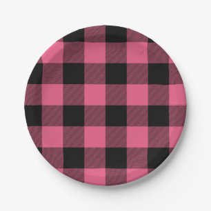 Pink & Black Checkered Squares Buffalo Plaid Paper Plates