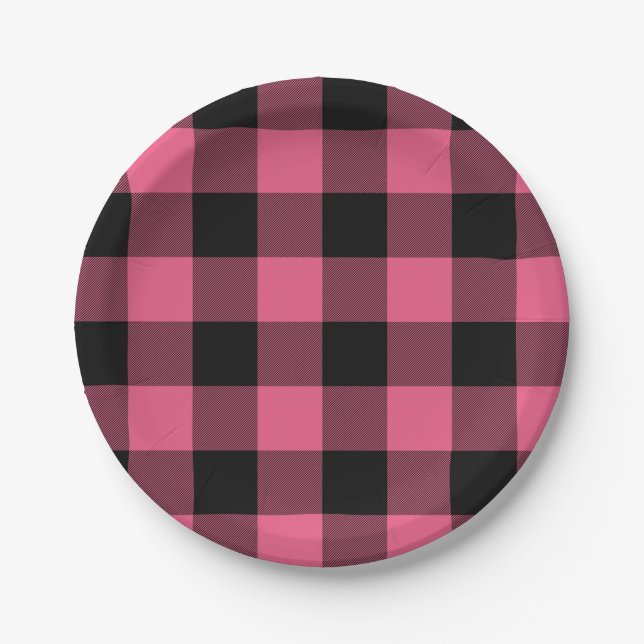 Pink & Black Checkered Squares Buffalo Plaid Paper Plates (Front)